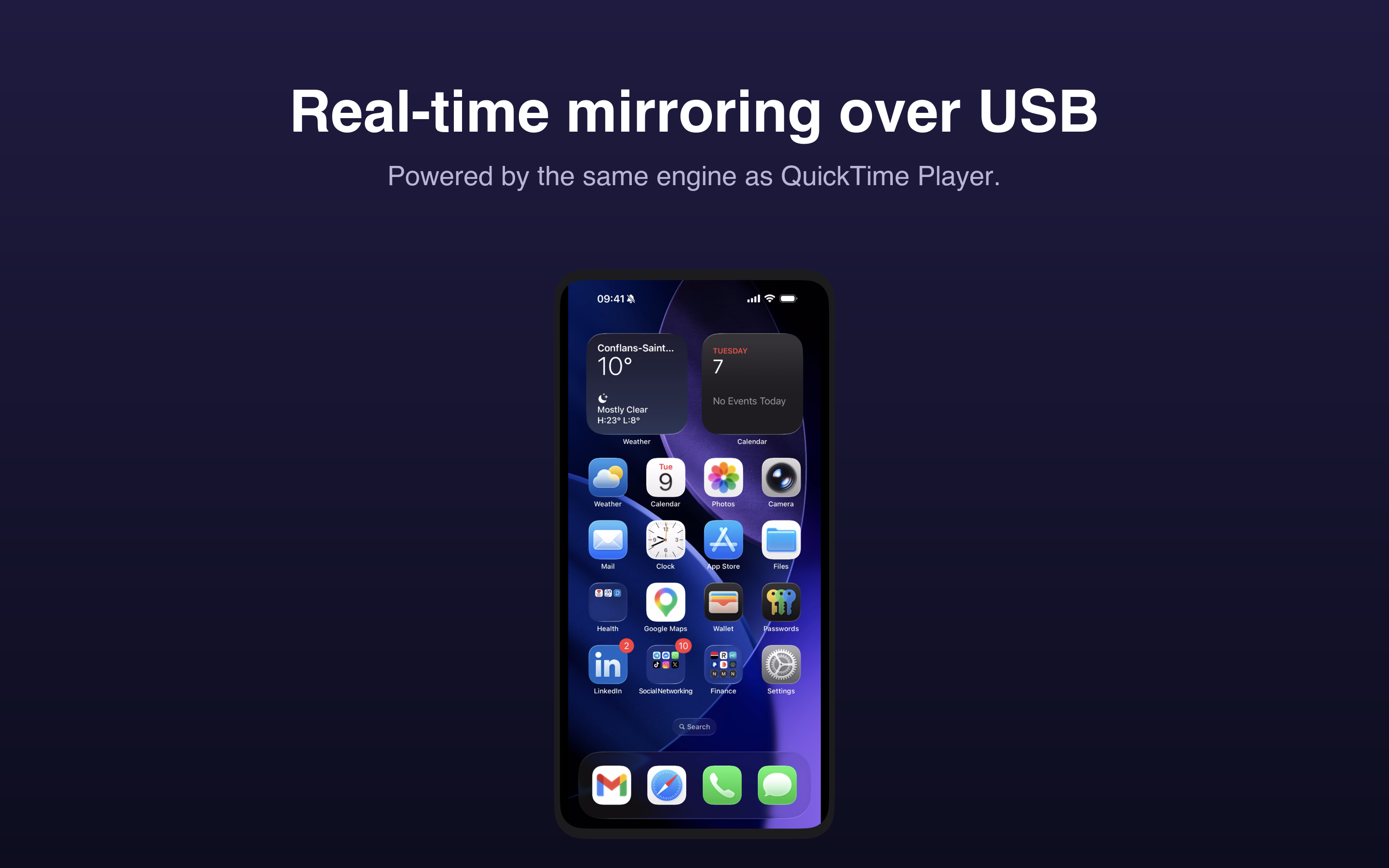 MirrorKit mirroring an iPhone home screen